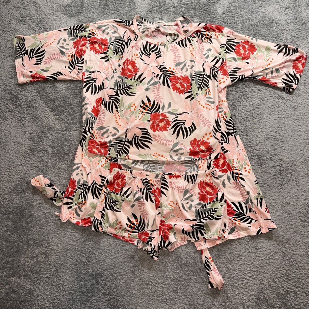 Flora by Flora Nikrooz Pajama Set Large Pink Tropical Floral 3 Piece Tank Shorts - Picture 2 of 10